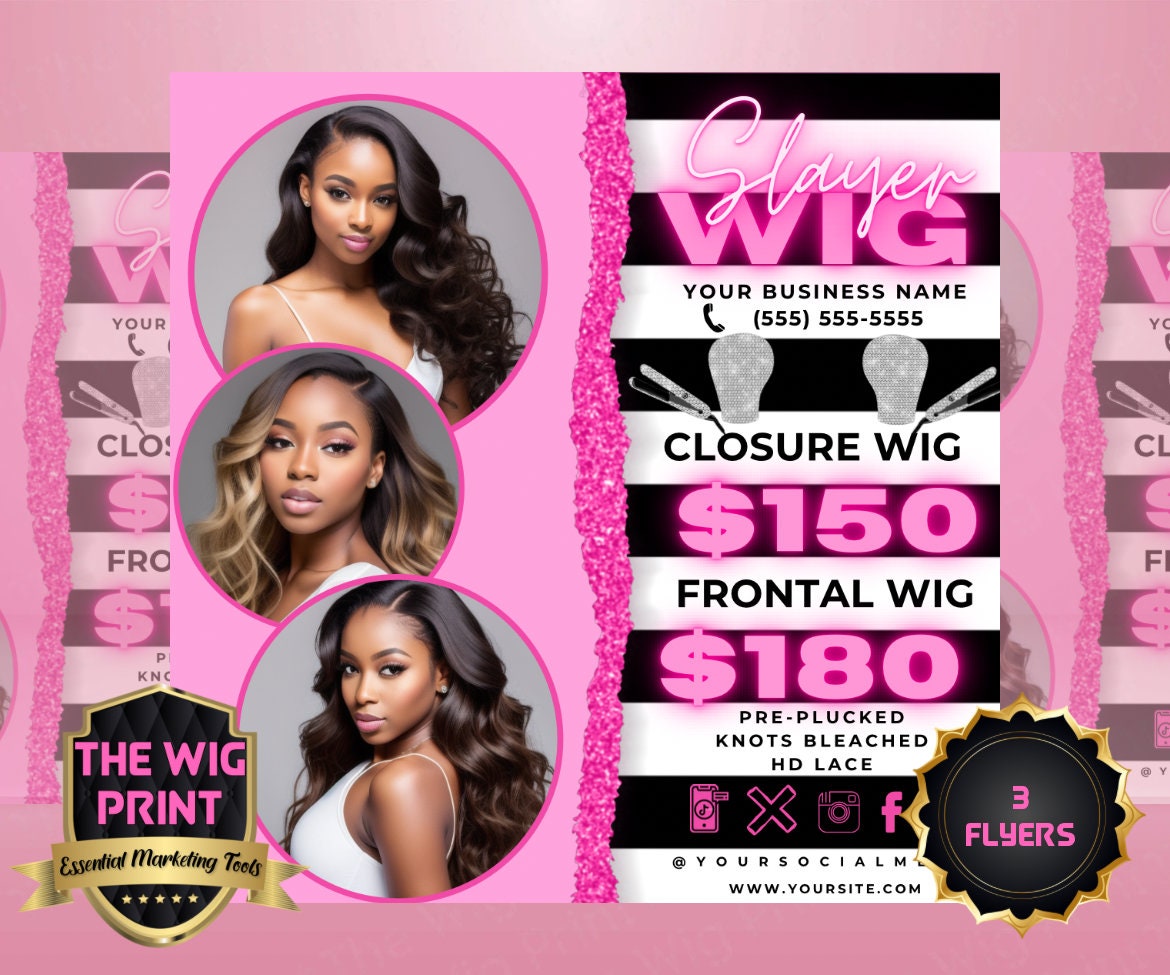 Wig Slayer v2 | 3 Flyers | Hair + Wig Industry | Pink | DIY | CANVA | Instagram | Facebook