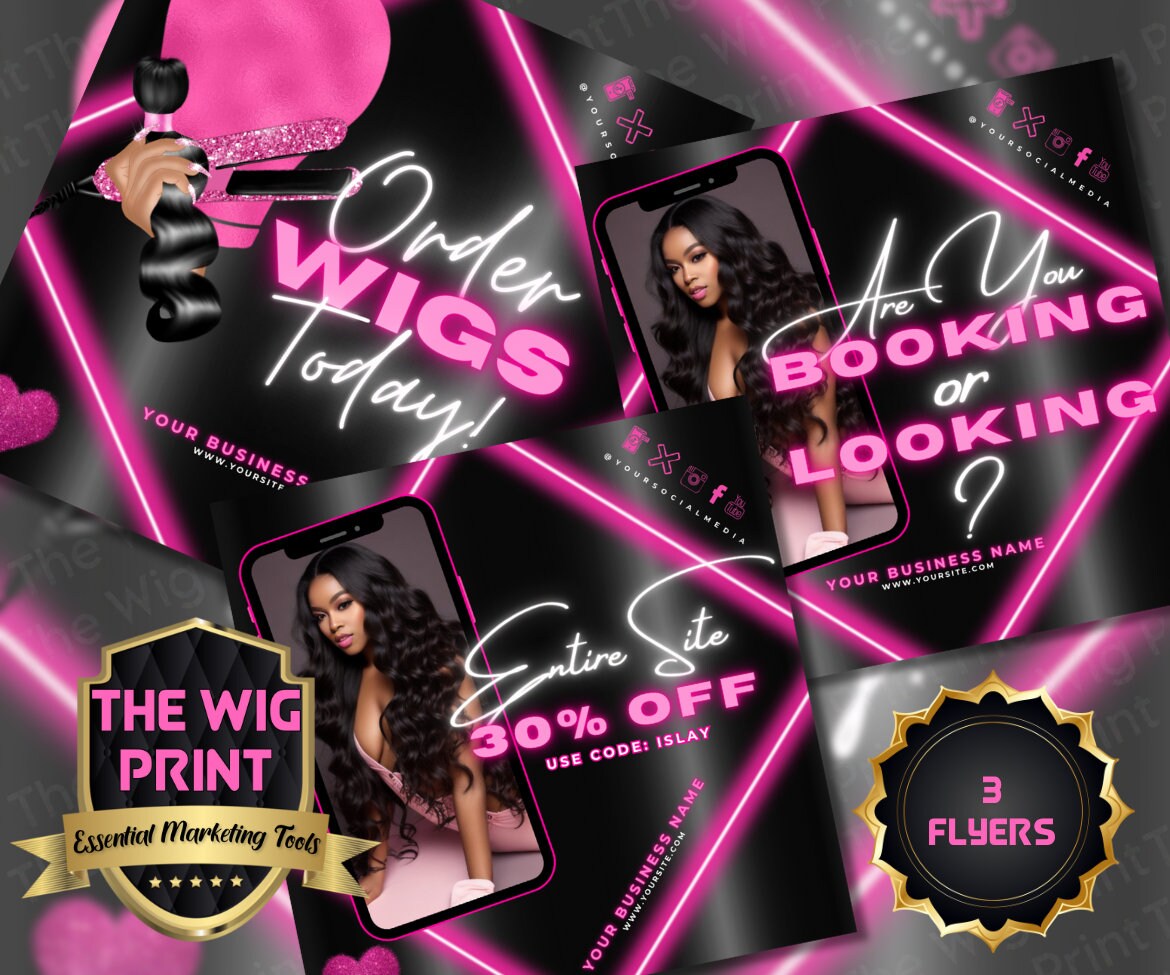 Order Wigs Today | 3 Flyers | Hair + Wig Industry | Pink | DIY | CANVA | Instagram | Facebook