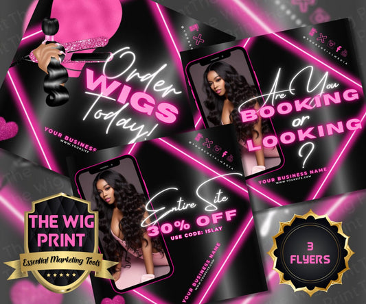 Order Wigs Today | 3 Flyers | Hair + Wig Industry | Pink | DIY | CANVA | Instagram | Facebook