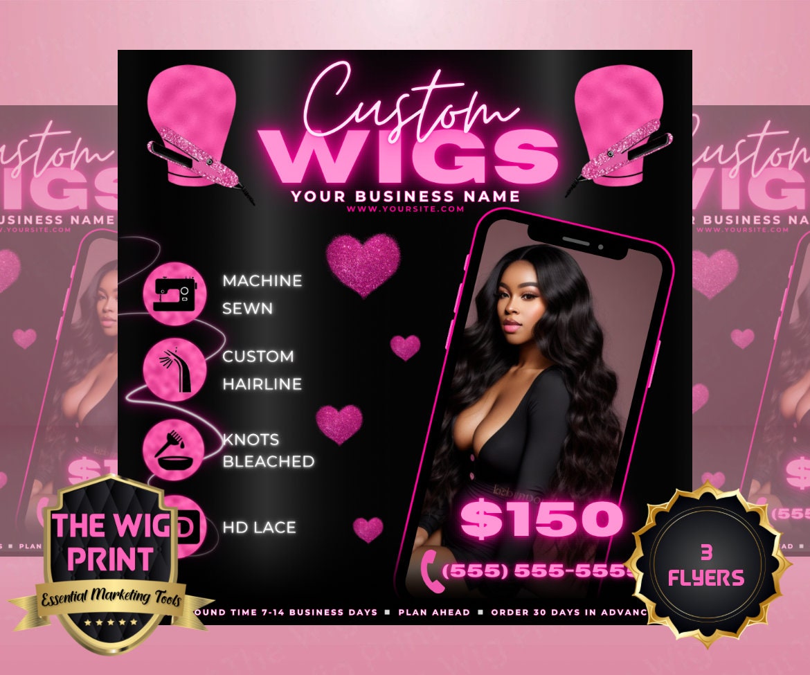 Custom Wigs v3 | 3 Flyers | Hair + Wig Industry | Pink | DIY | CANVA | Instagram | Facebook