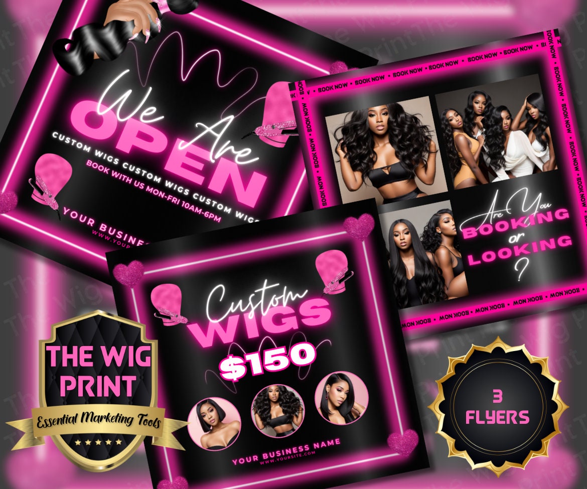 Custom Wigs v4 | 3 Flyers | Hair + Wig Industry | Pink | DIY | CANVA | Flyer | Instagram | Facebook