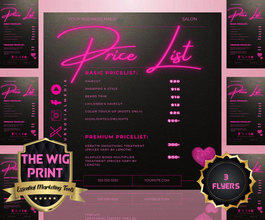 Price List | 3 Flyers | Any Industry | Neon Pink | DIY | CANVA | Instagram | Facebook