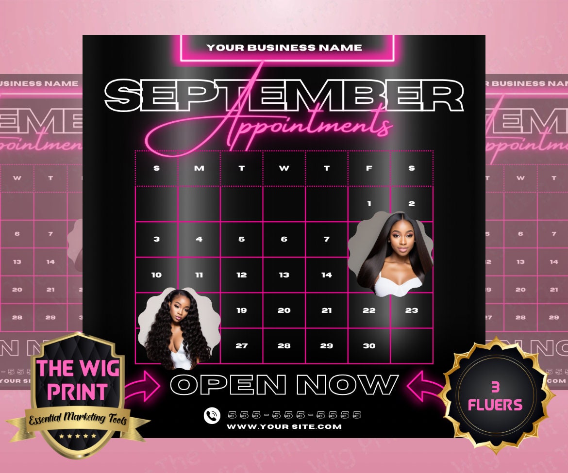 SEPTEMBER Appointments | 3 Flyers | Hair + Wig Industry | Pink Neon | DIY | CANVA | Calender