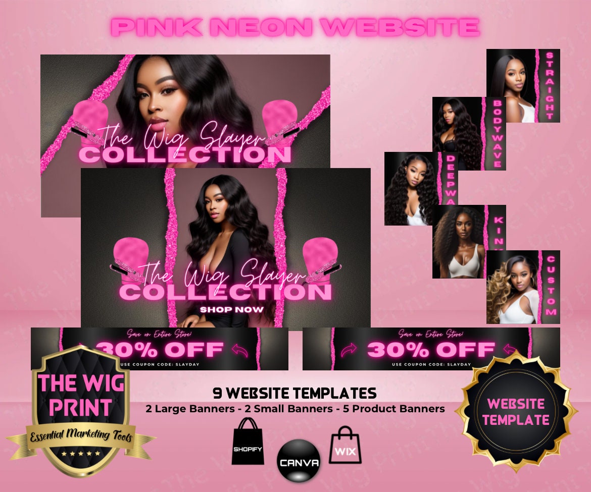 Pink Neon | Website Template | 9 Banners | Hair + Wig Industry | Pink | DIY | CANVA | Flyer | Shopify | Wix