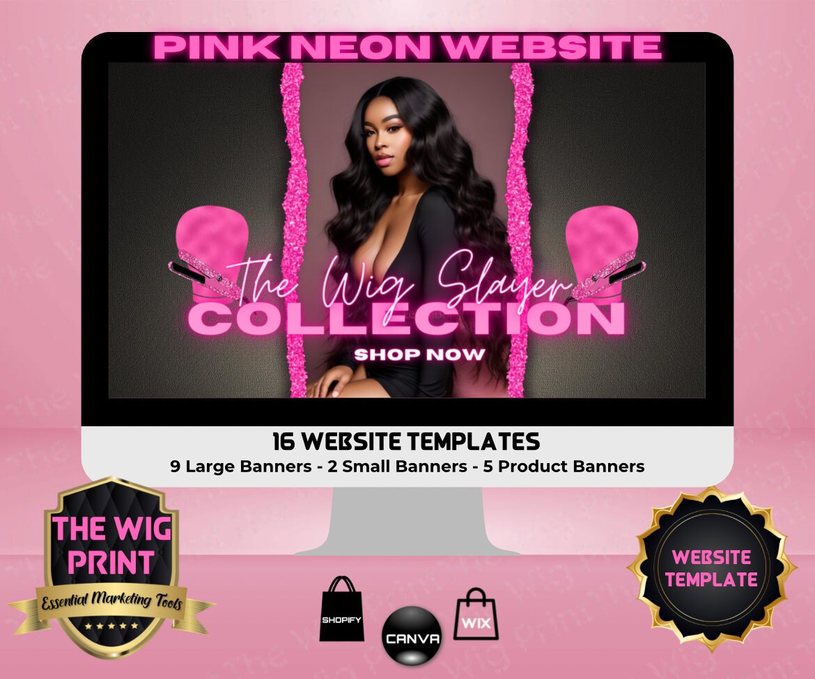 Pink Neon | Website Template | 16 Banners | Hair + Wig Industry | Pink | DIY | CANVA | Flyer | Shopify | Wix