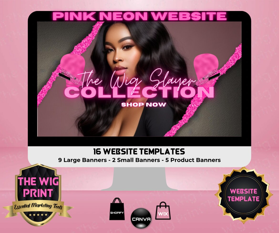 Pink Neon | Website Template | 16 Banners | Hair + Wig Industry | Pink | DIY | CANVA | Flyer | Shopify | Wix