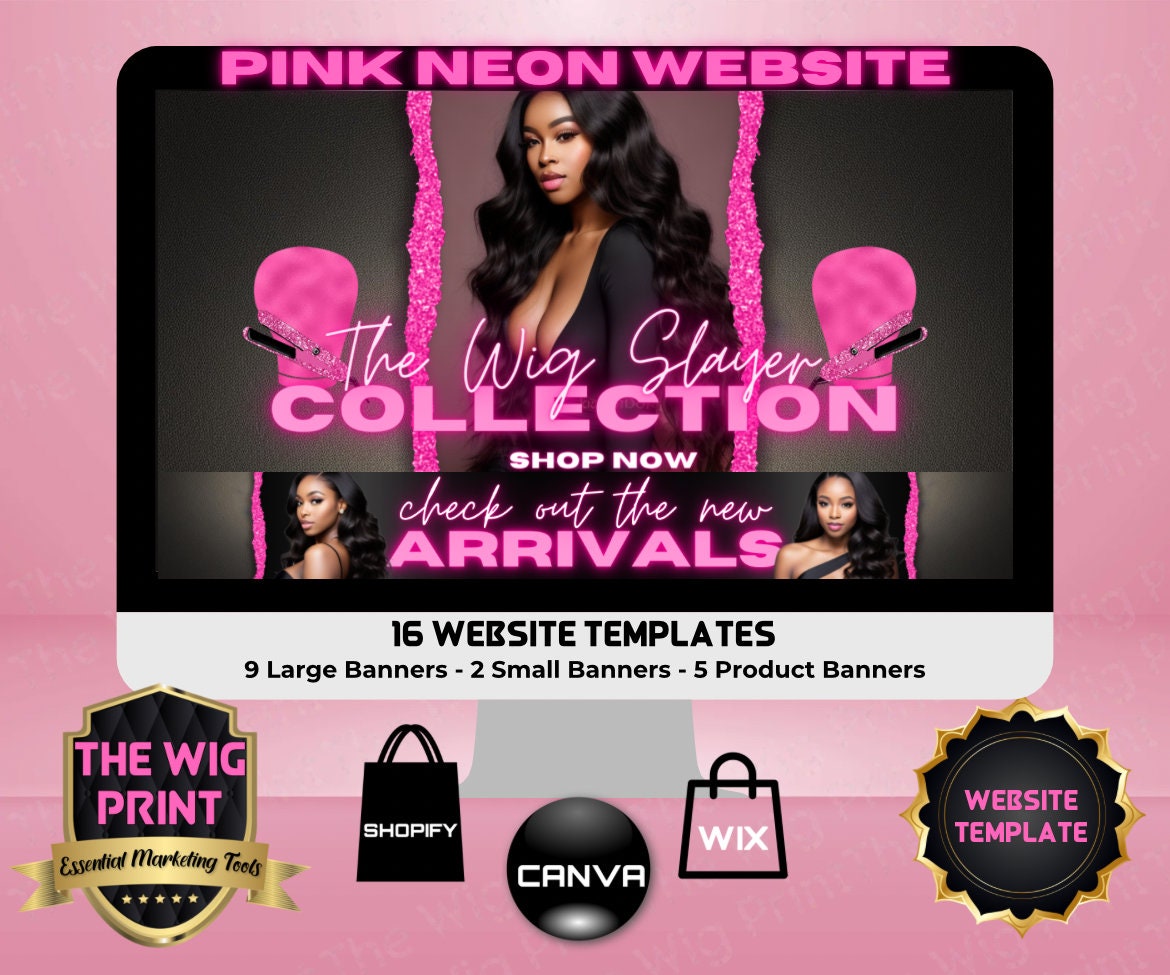 Pink Neon | Website Template | 16 Banners | Hair + Wig Industry | Pink | DIY | CANVA | Flyer | Shopify | Wix