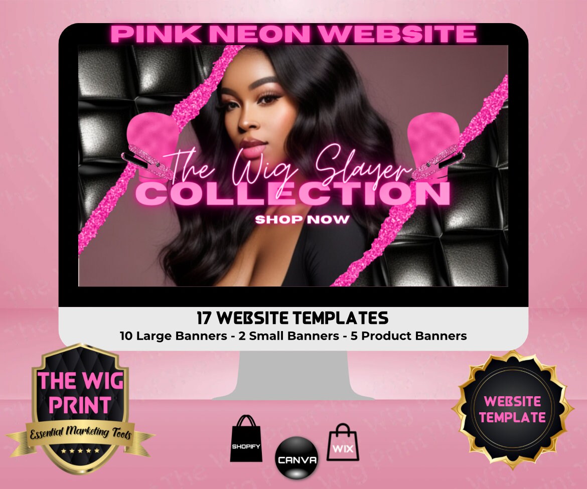 Pink Neon Tufted | Website Template | 17 Banners | Hair + Wig Industry | Pink | DIY | CANVA | Flyer | Shopify | Wix