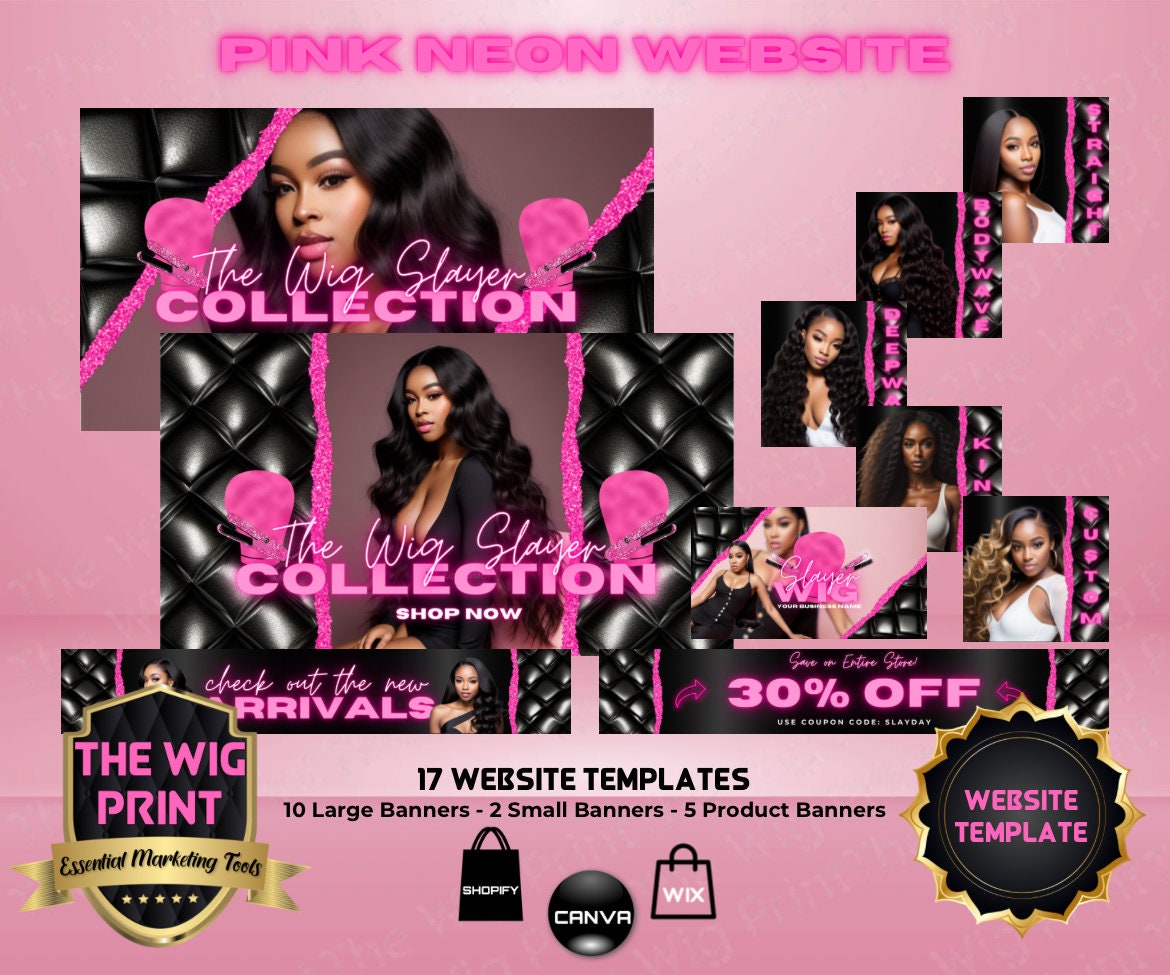 Pink Neon Tufted | Website Template | 17 Banners | Hair + Wig Industry | Pink | DIY | CANVA | Flyer | Shopify | Wix