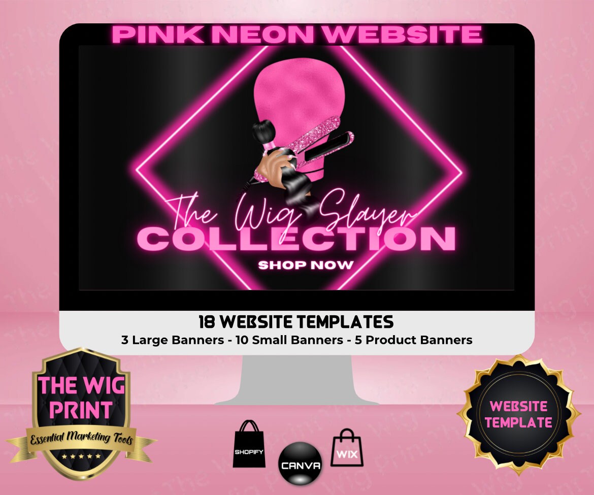 Pink Neon Diamond | Website Template | 18 Banners | Hair + Wig Industry | Pink | DIY | CANVA | Flyer | Shopify | Wix