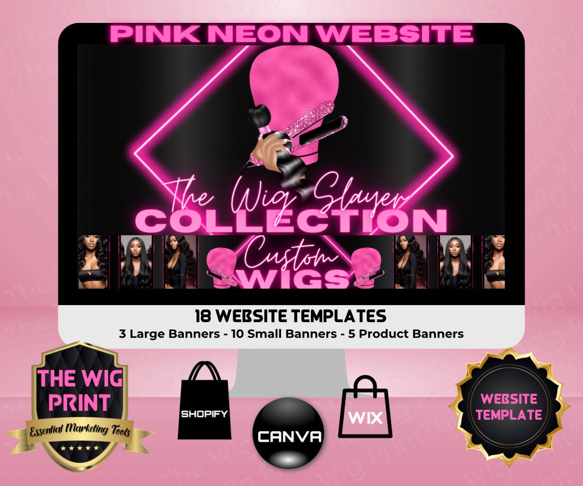 Pink Neon Diamond | Website Template | 18 Banners | Hair + Wig Industry | Pink | DIY | CANVA | Flyer | Shopify | Wix