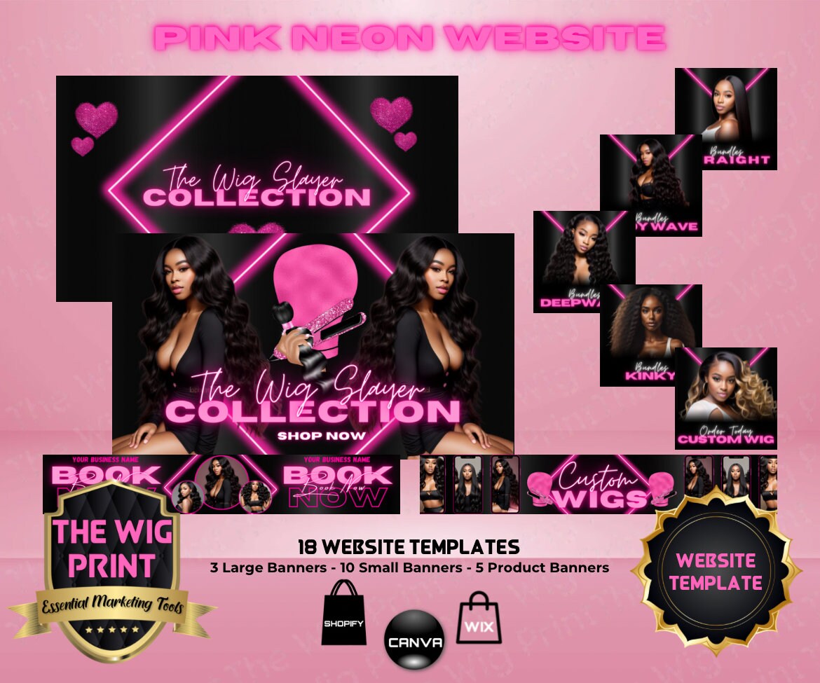 Pink Neon Diamond | Website Template | 18 Banners | Hair + Wig Industry | Pink | DIY | CANVA | Flyer | Shopify | Wix