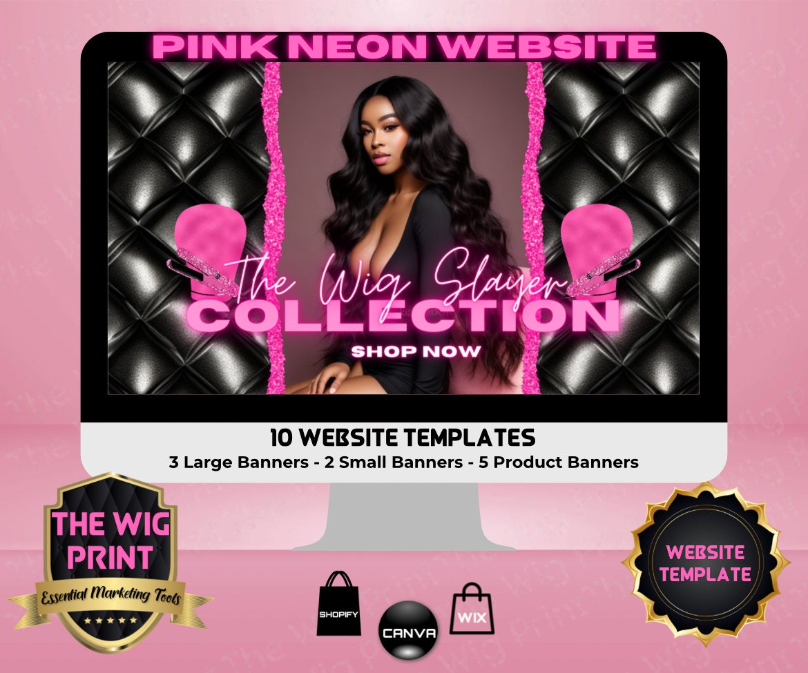 Pink Neon Tufted | Website Template | 10 Banners | Hair + Wig Industry | Pink | DIY | CANVA | Flyer | Shopify | Wix