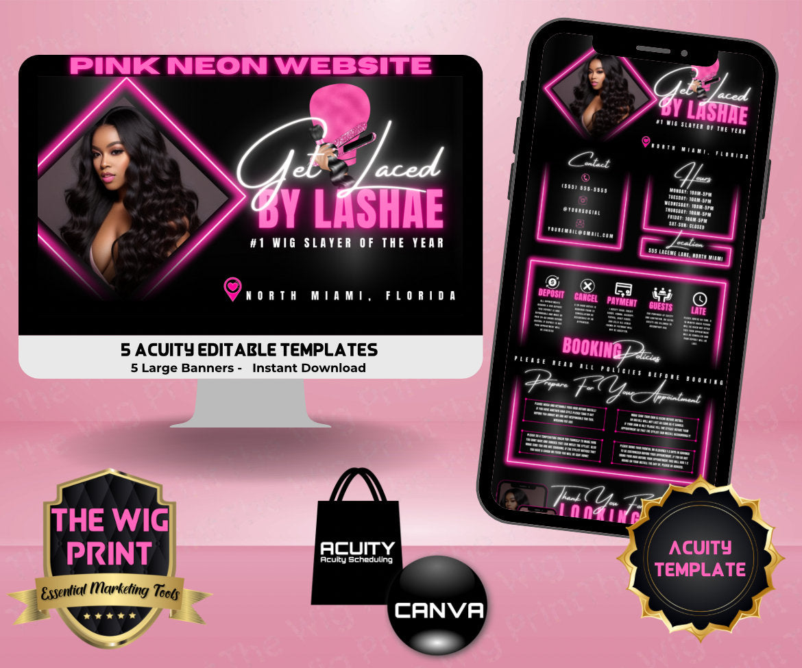 Hair Stylist | Acuity Template | 5 Banners | Wig Maker | Pink Neon Diamond | Hair + Wig Industry | DIY | CANVA | Flyer | Website