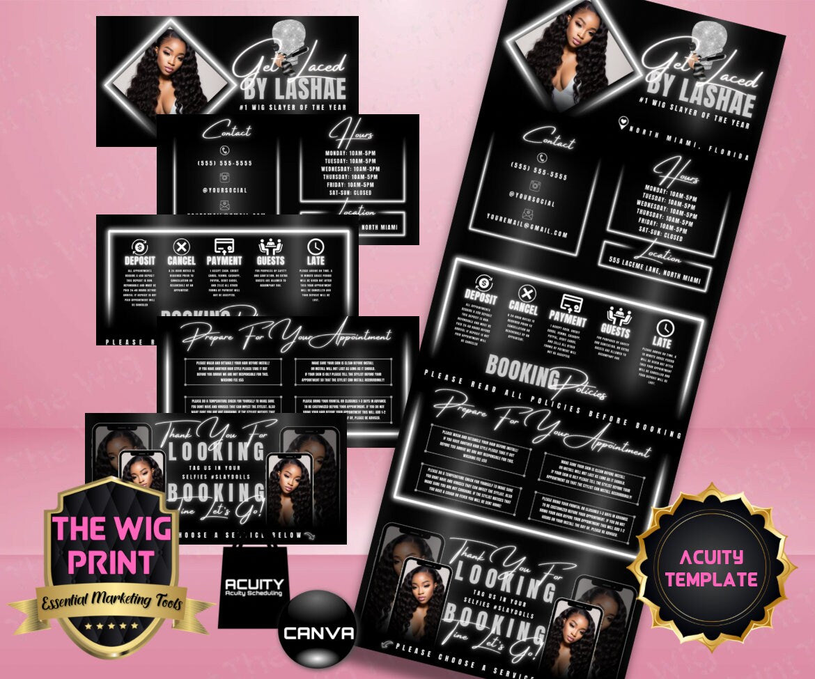 HairStylist | Wig Maker | White Neon Diamond | Acuity Template | 5 Banners | Hair + Wig Industry | Pink | DIY | CANVA | Flyer | Website