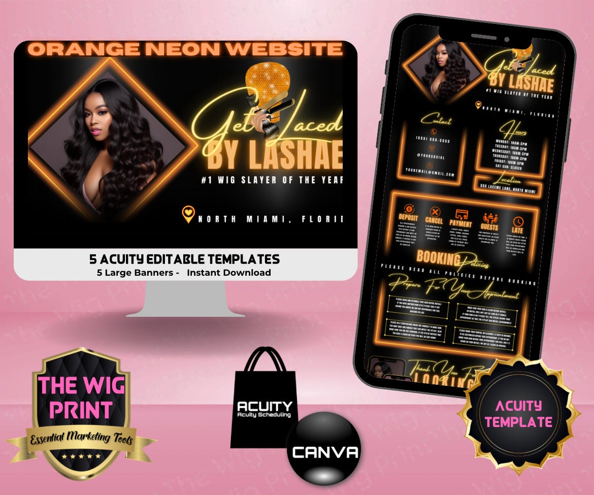 HairStylist | Wig Maker | Orange Neon Diamond | Acuity Template | 5 Banners | Hair + Wig Industry | Pink | DIY | CANVA | Flyer | Website