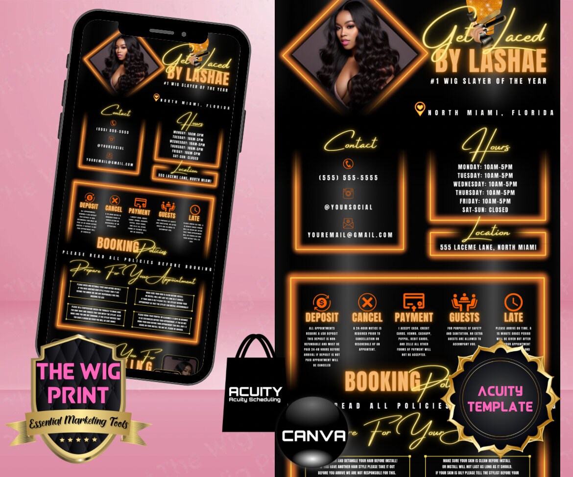 HairStylist | Wig Maker | Orange Neon Diamond | Acuity Template | 5 Banners | Hair + Wig Industry | Pink | DIY | CANVA | Flyer | Website