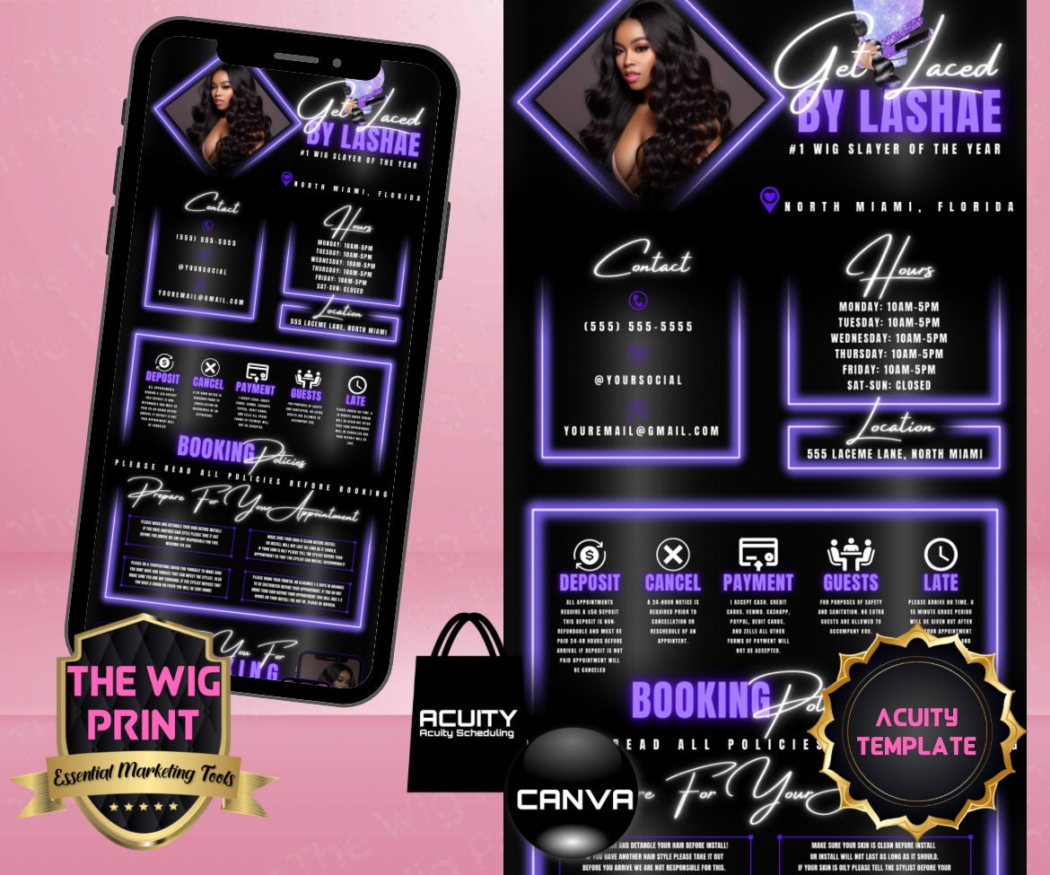 HairStylist | Wig Maker | Purple Neon Diamond | Acuity Template | 5 Banners | Hair + Wig Industry | DIY | CANVA | Flyer | Website