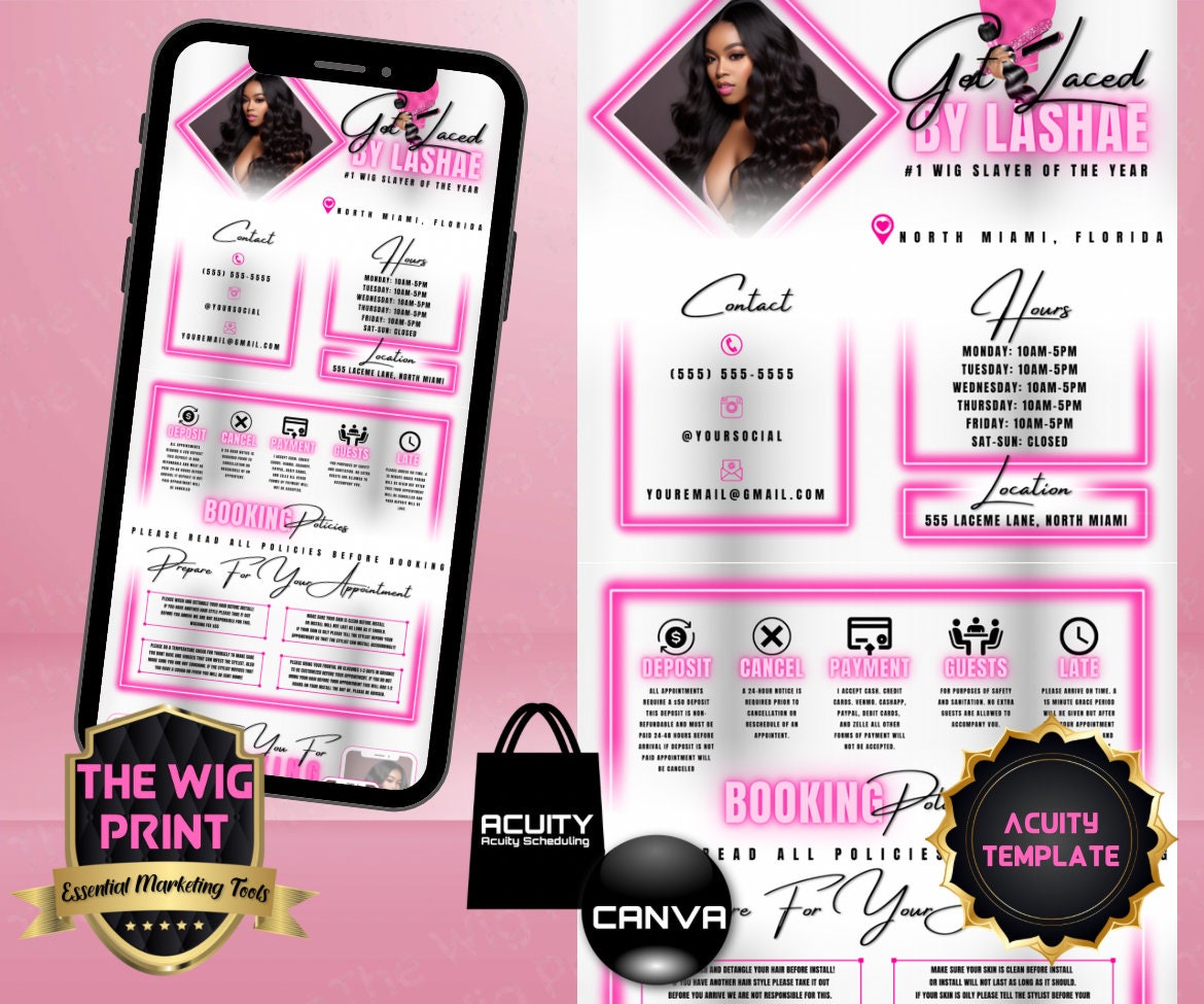 HairStylist | Wig Maker | White + Pink Neon Diamond | Acuity Template | 5 Banners | Hair + Wig Industry | DIY | CANVA | Flyer | Website