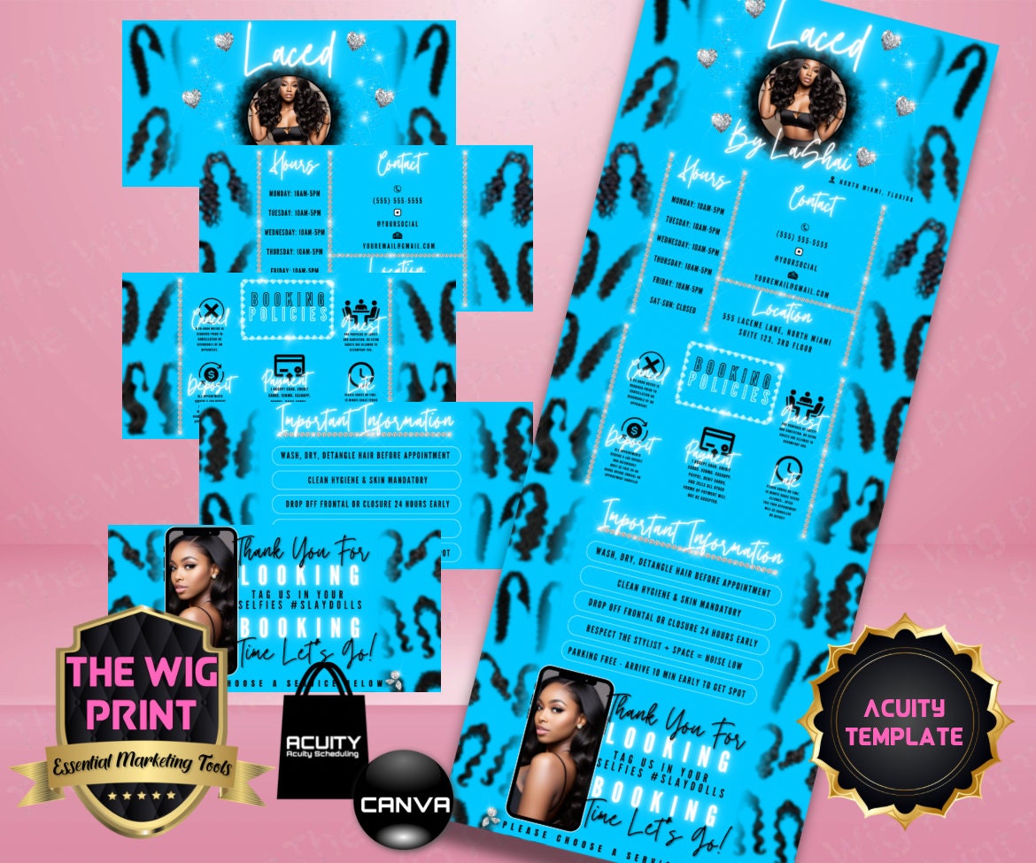 HairStylist | Wig Maker | Blue Hearts | Acuity Template | 5 Banners | Hair + Wig Industry | DIY | CANVA | Flyer | Website