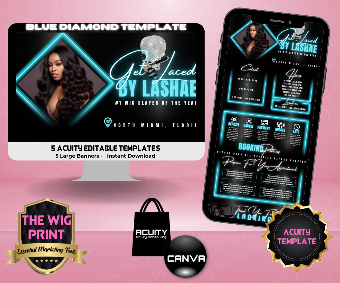 HairStylist | Wig Maker | Blue Diamond | Acuity Template | 5 Banners | Hair + Wig Industry | DIY | CANVA | Flyer | Website