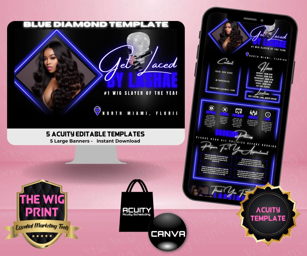 HairStylist | Wig Maker | Dark Blue Diamond | Acuity Template | 5 Banners | Hair + Wig Industry | DIY | CANVA Template | Website Template