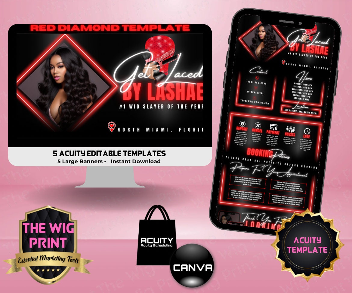 HairStylist | Wig Maker | Red Diamond | Acuity Template | 5 Banners | Hair + Wig Industry | DIY | CANVA | Flyer | Website