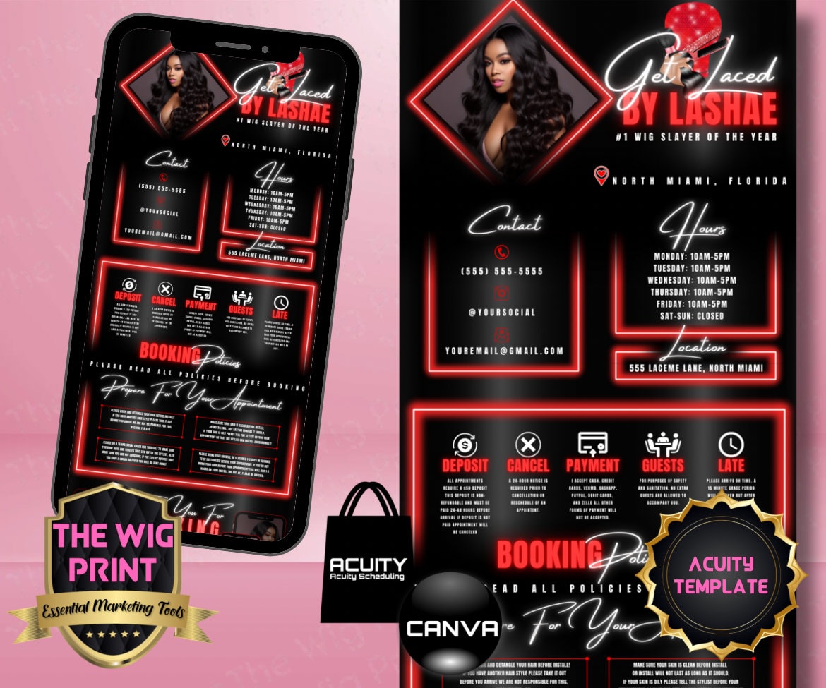 HairStylist | Wig Maker | Red Diamond | Acuity Template | 5 Banners | Hair + Wig Industry | DIY | CANVA | Flyer | Website