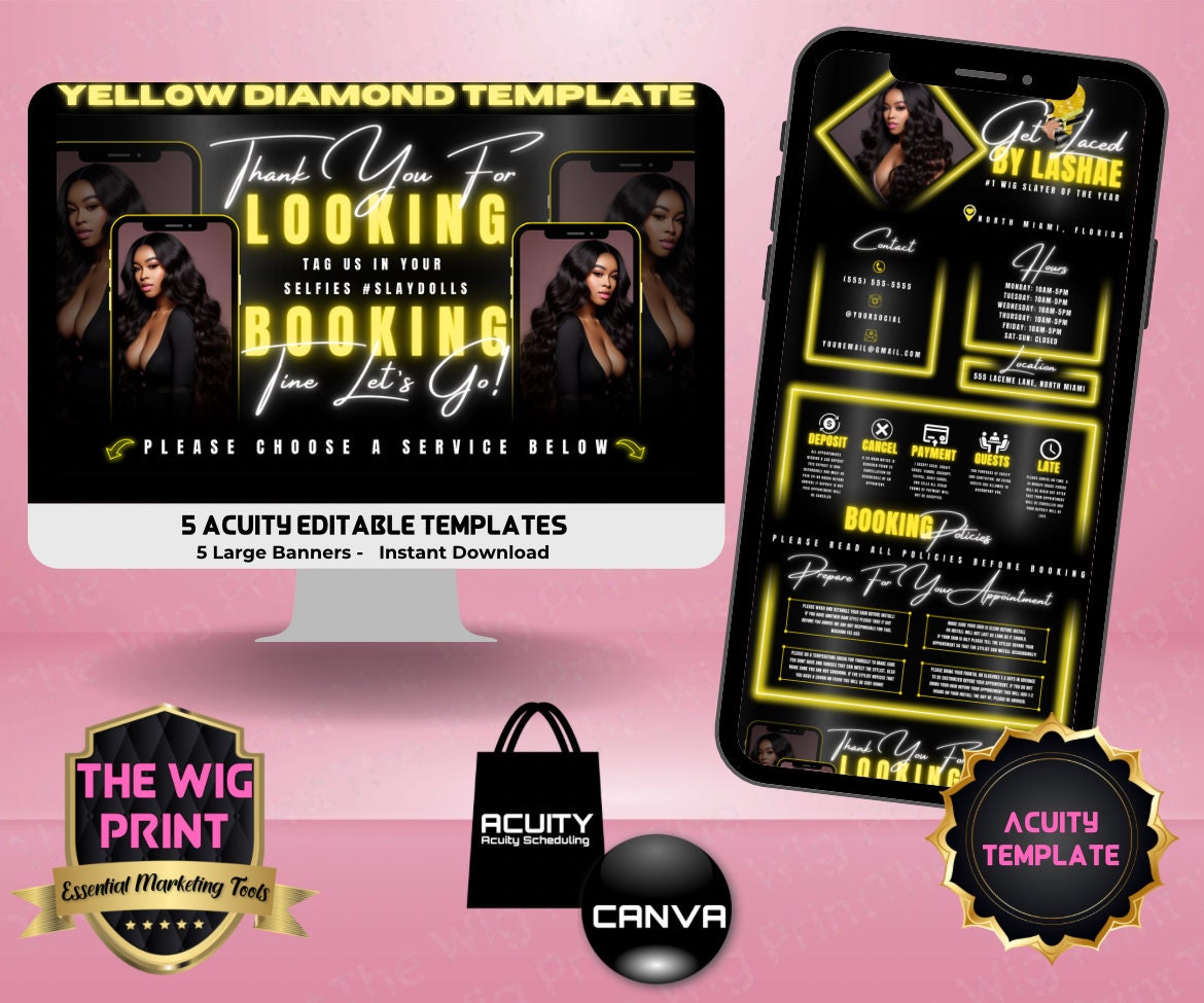 HairStylist | Wig Maker | Yellow Diamond | Acuity Template | 5 Banners | Hair + Wig Industry | DIY | CANVA | Flyer | Website