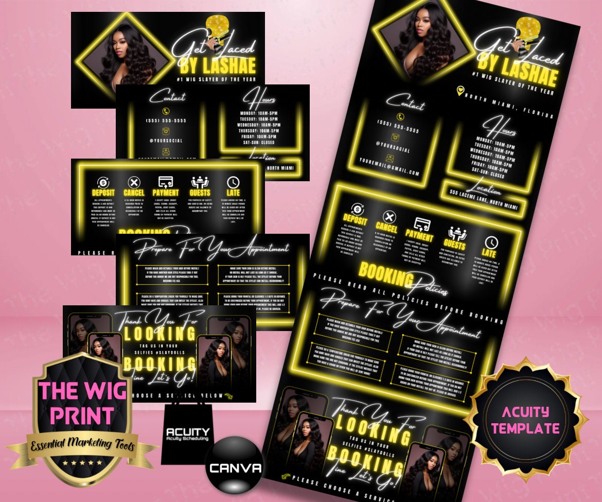 HairStylist | Wig Maker | Yellow Diamond | Acuity Template | 5 Banners | Hair + Wig Industry | DIY | CANVA | Flyer | Website