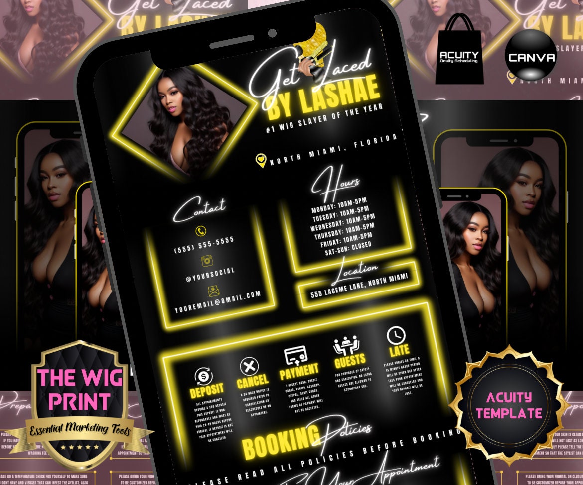 HairStylist | Wig Maker | Yellow Diamond | Acuity Template | 5 Banners | Hair + Wig Industry | DIY | CANVA | Flyer | Website