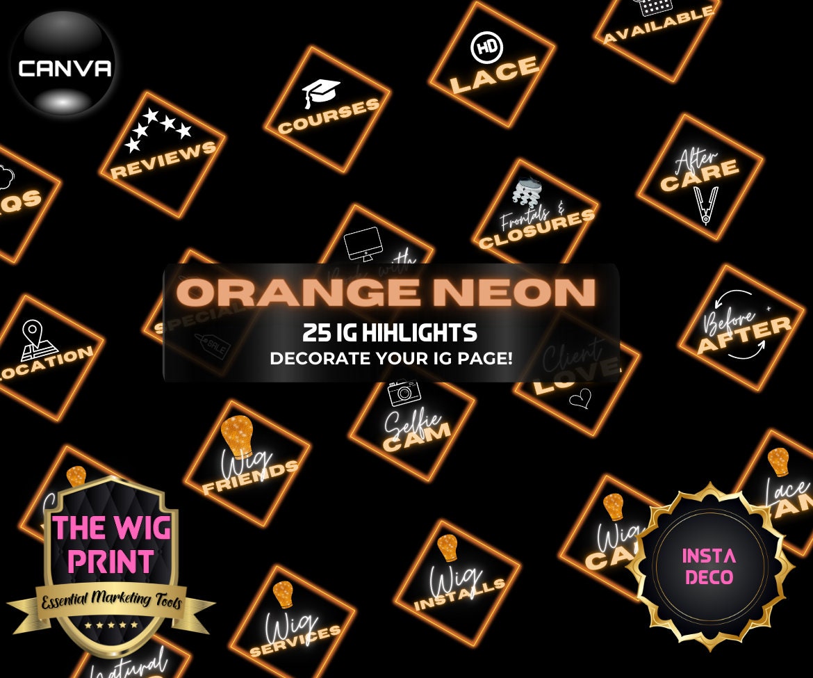 Orange Neon Diamond | Bundle | Acuity Scheduling | IG Highlights | 25 Buttons | Hair + Wig Industry | DIY | CANVA | Instagram