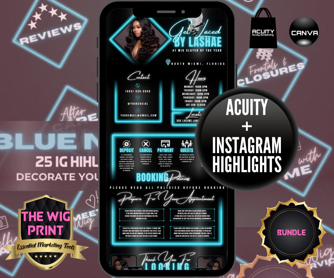 Light Blue Neon Diamond | Bundle | Acuity Scheduling | IG Highlights | 25 Buttons | Hair + Wig Industry | DIY | CANVA | Instagram