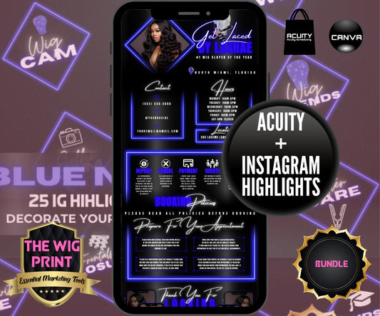 Dark Blue Neon Diamond | Bundle | Acuity Scheduling | IG Highlights | 25 Buttons | Hair + Wig Industry | DIY | CANVA | Instagram