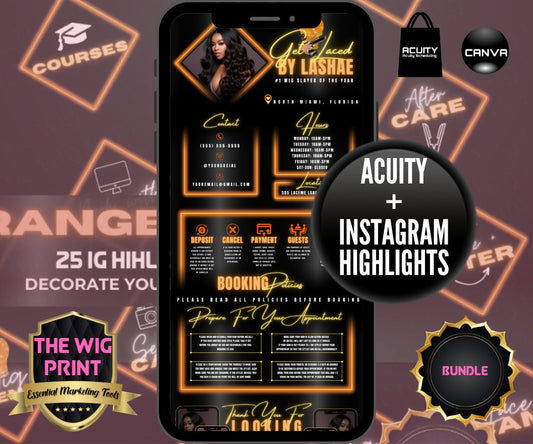 Orange Neon Diamond | Bundle | Acuity Scheduling | IG Highlights | 25 Buttons | Hair + Wig Industry | DIY | CANVA | Instagram