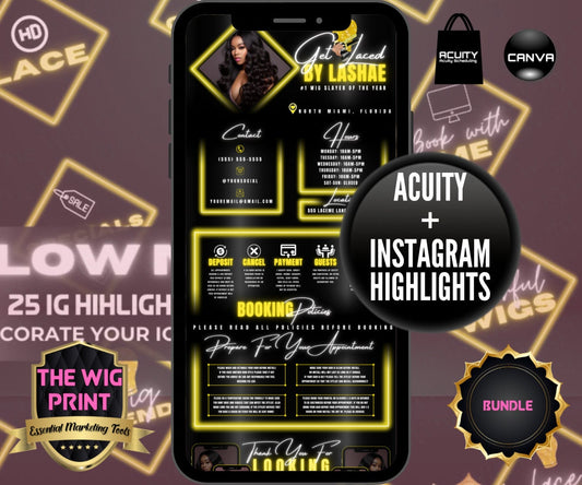 Yellow Neon Diamond | Bundle | Acuity Scheduling | IG Highlights | 25 Buttons | Hair + Wig Industry | DIY | CANVA | Instagram