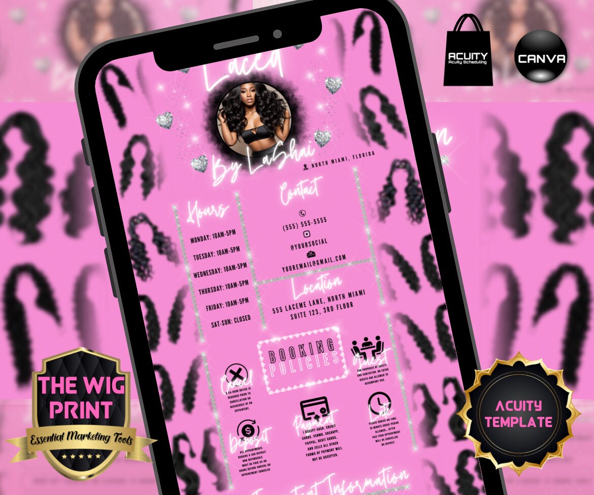 HairStylist | Wig Maker | Pink Pastel Hearts | Acuity Template | 5 Banners | Hair + Wig Industry | DIY | CANVA | Flyer | Website