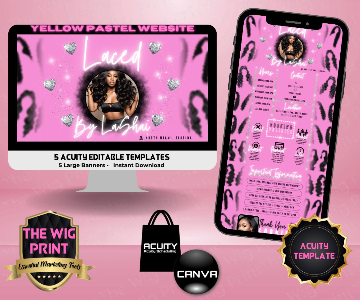 HairStylist | Wig Maker | Pink Pastel Hearts | Acuity Template | 5 Banners | Hair + Wig Industry | DIY | CANVA | Flyer | Website