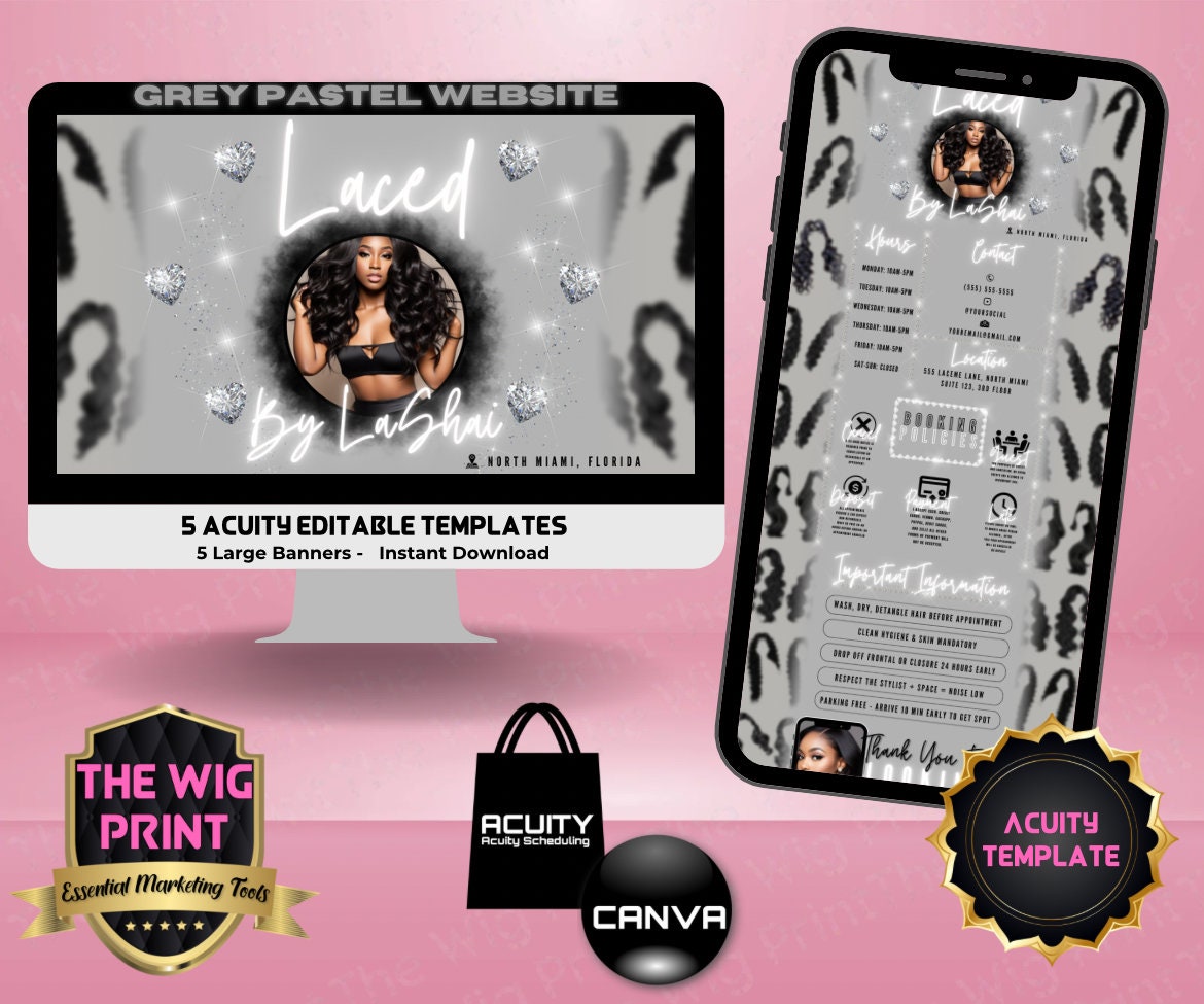 HairStylist | Wig Maker | Grey Pastel Hearts | Acuity Template | 5 Banners | Hair + Wig Industry | DIY | CANVA | Flyer | Website