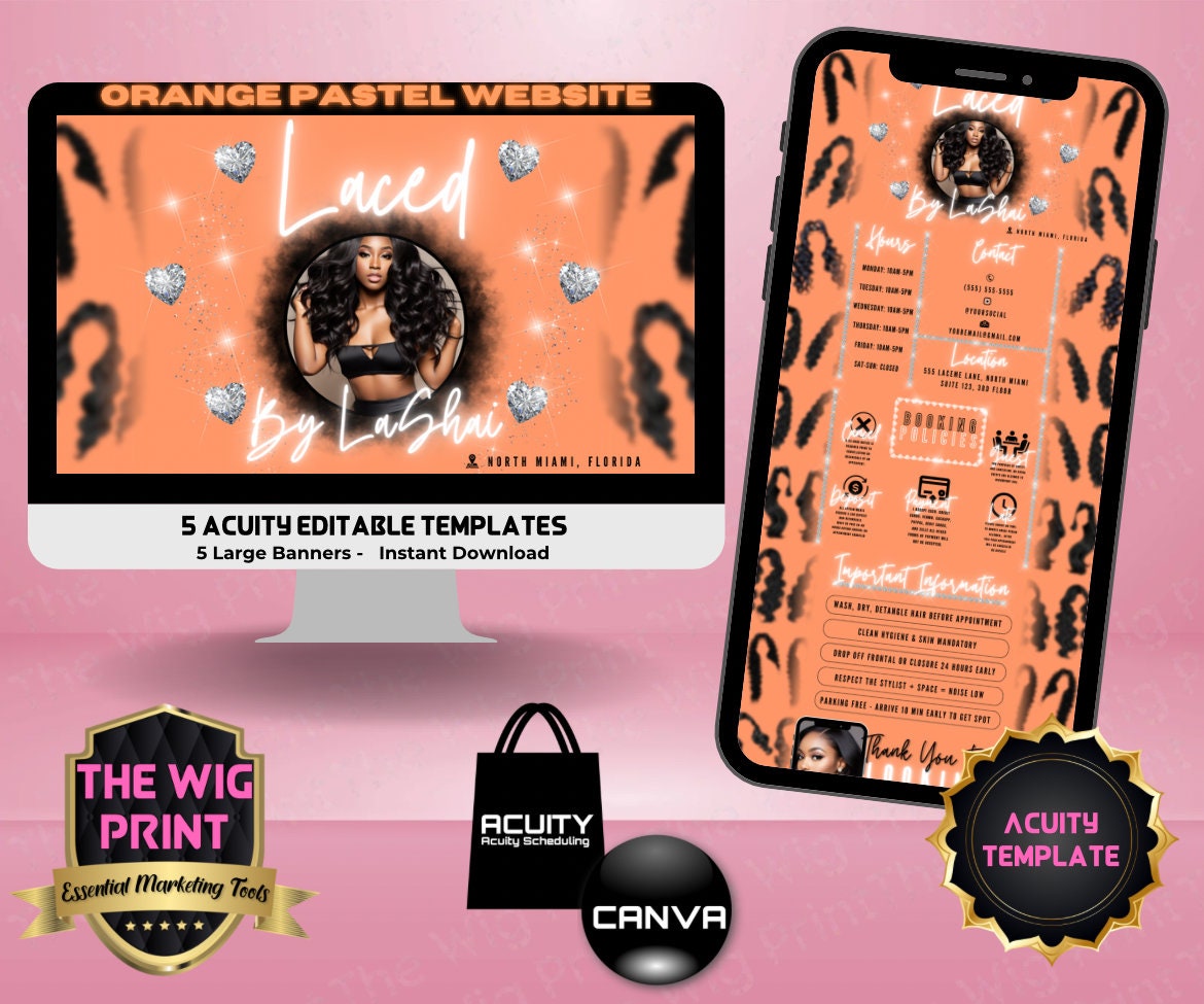 HairStylist | Wig Maker | Orange Pastel Hearts | Acuity Template | 5 Banners | Hair + Wig Industry | DIY | CANVA | Flyer | Website