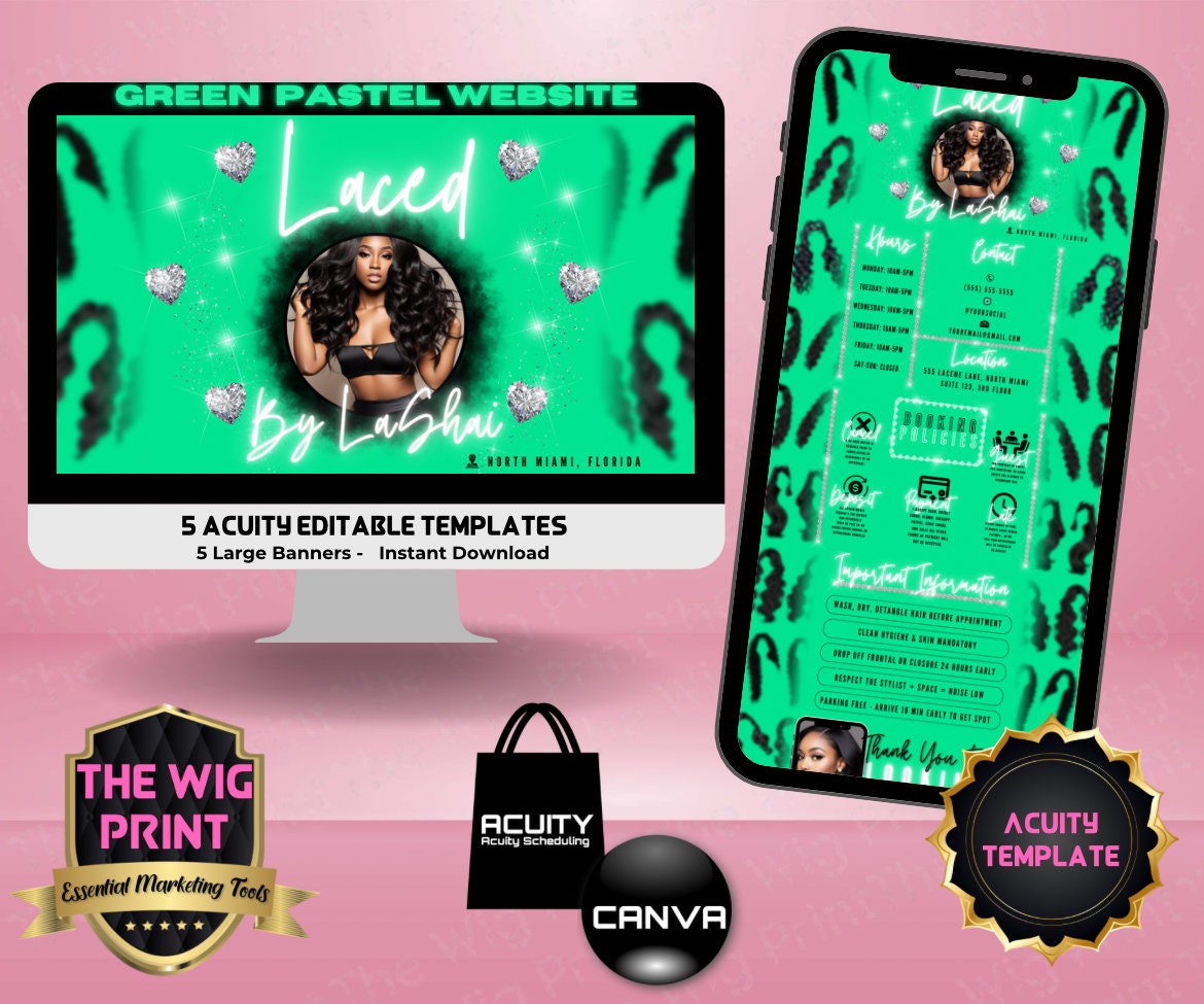 HairStylist | Wig Maker | Green Pastel Hearts | Acuity Template | 5 Banners | Hair + Wig Industry | DIY | CANVA | Flyer | Website