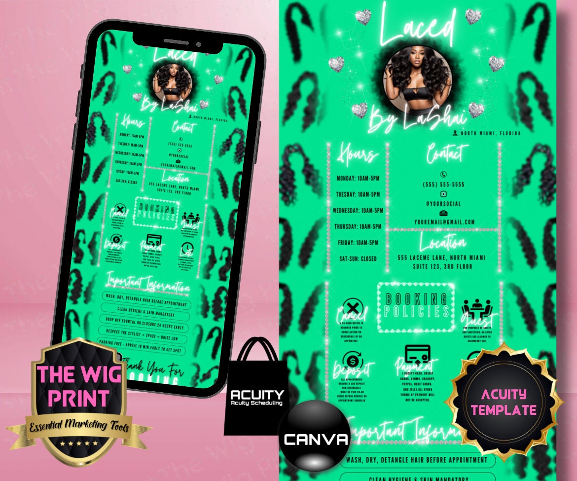 HairStylist | Wig Maker | Green Pastel Hearts | Acuity Template | 5 Banners | Hair + Wig Industry | DIY | CANVA | Flyer | Website