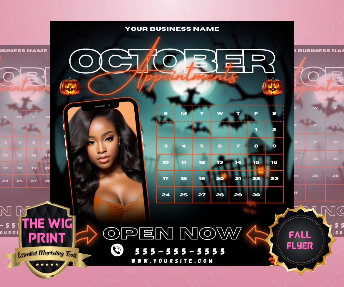 OCTOBER Appointments | 3 Flyers | Hair, Wig, Nails, + Lash Industry | Orange Neon | DIY | CANVA | Calendar