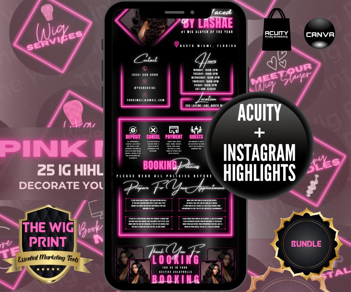 84 Piece | Pink Neon Branding Bundle | ACUITY | Hair + Wig Industry | Paper | DIY | CANVA