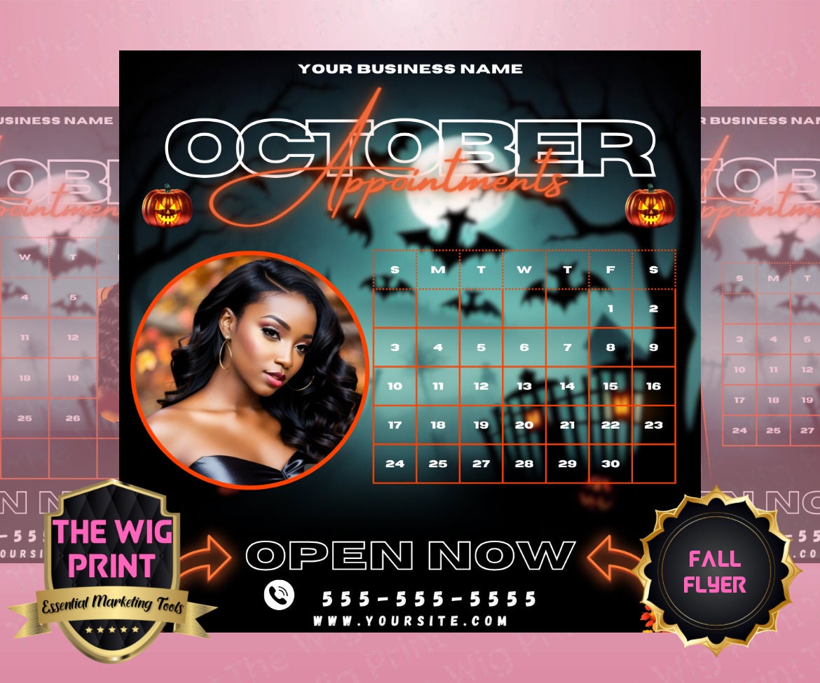 OCTOBER Appointments | 3 Flyers | Hair, Wig, Nails, + Lash Industry | Orange Neon | DIY | CANVA | Calendar