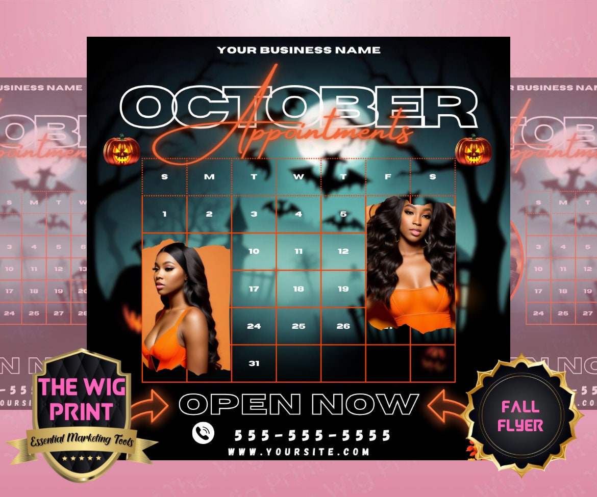 OCTOBER Appointments | 3 Flyers | Hair, Wig, Nails, + Lash Industry | Orange Neon | DIY | CANVA | Calendar