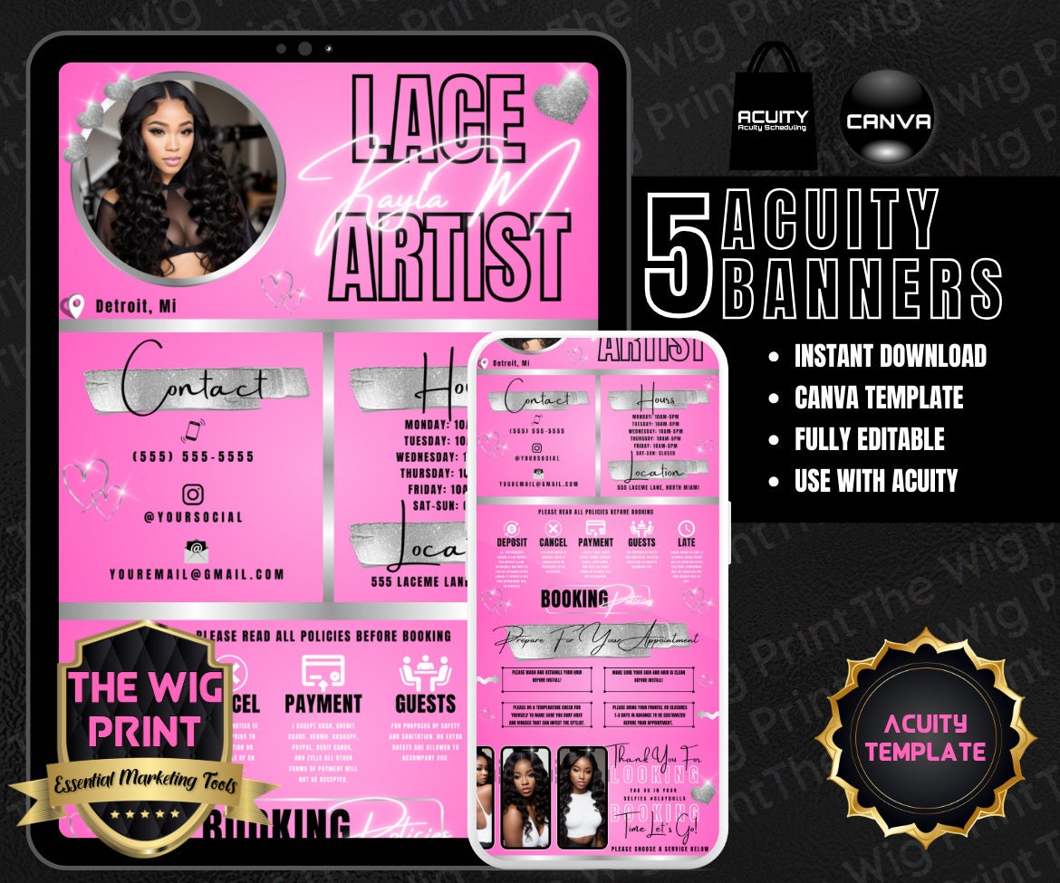 Lace Artist | HairStylist | Pink | Acuity Template | 5 Banners | Hair + Wig Industry | DIY | CANVA | Flyer | Website