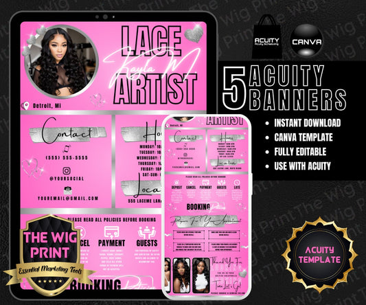 Lace Artist | HairStylist | Pink | Acuity Template | 5 Banners | Hair + Wig Industry | DIY | CANVA | Flyer | Website