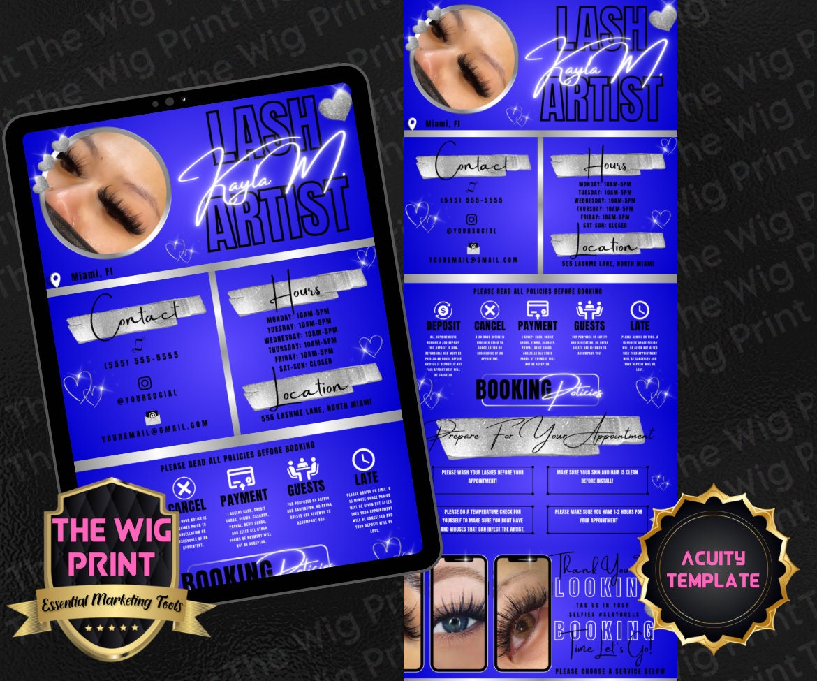 Lash Artist | HairStylist | Blue | Acuity Template | 5 Banners | Hair + Wig Industry | DIY | CANVA | Flyer | Website