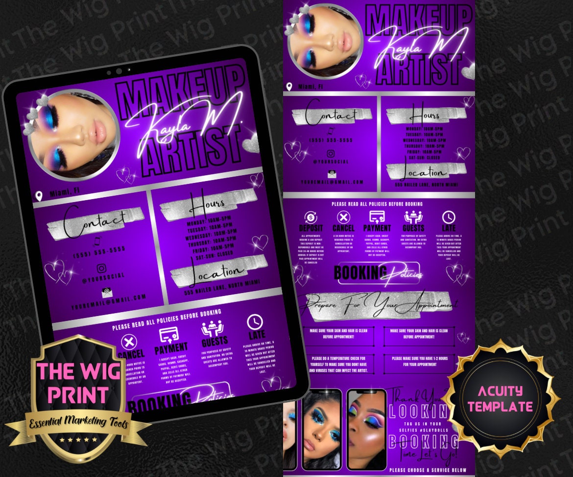 Makeup Artist | Purple | Acuity Template | 5 Banners | Hair + Wig + Makeup + nails + Lash Industry | DIY | CANVA | Flyer | Website